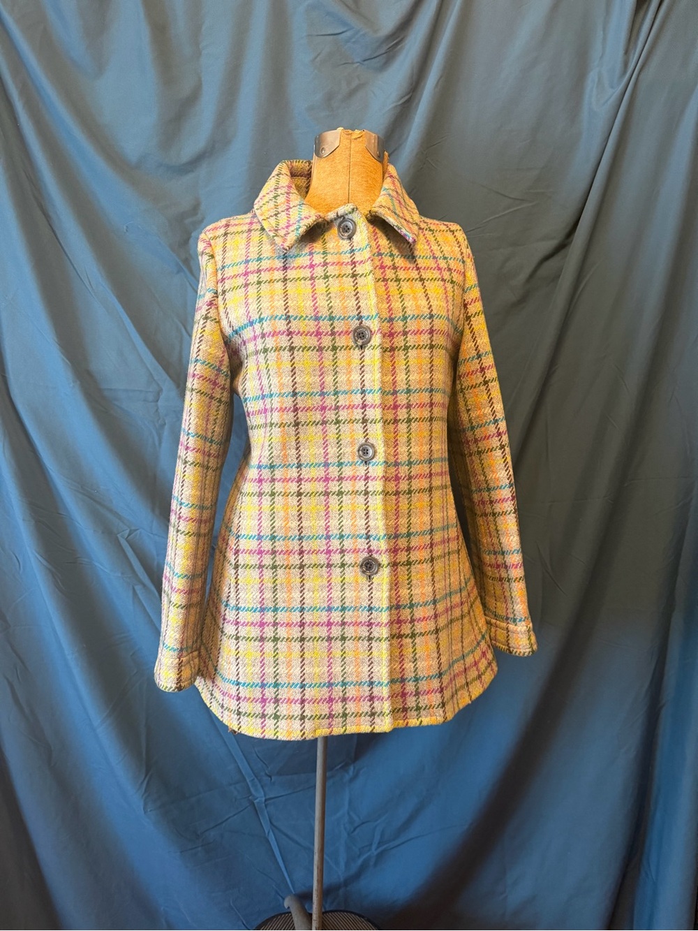 Coach Light Grey and Bright Colors Plaid 100% Wool Thigh Length Coat Like New